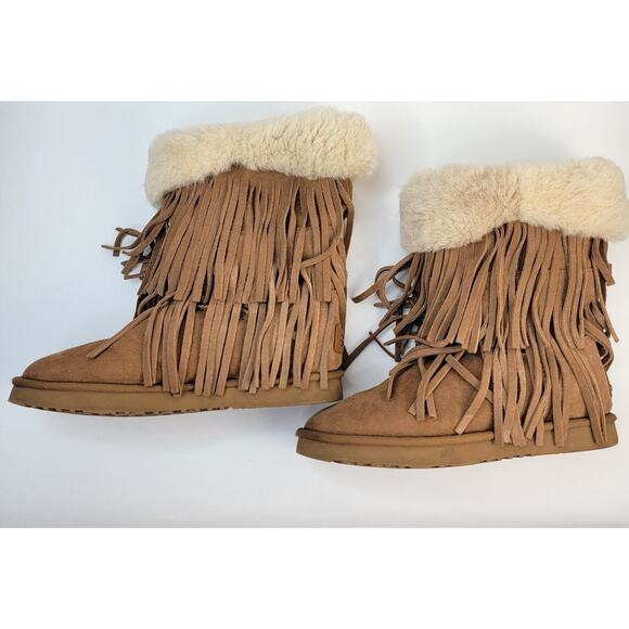 Koolaburra UGG 8M Haley Shearling Fringe Boots Tan Sheepskin Suede Winter Boho - Picture 8 of 11